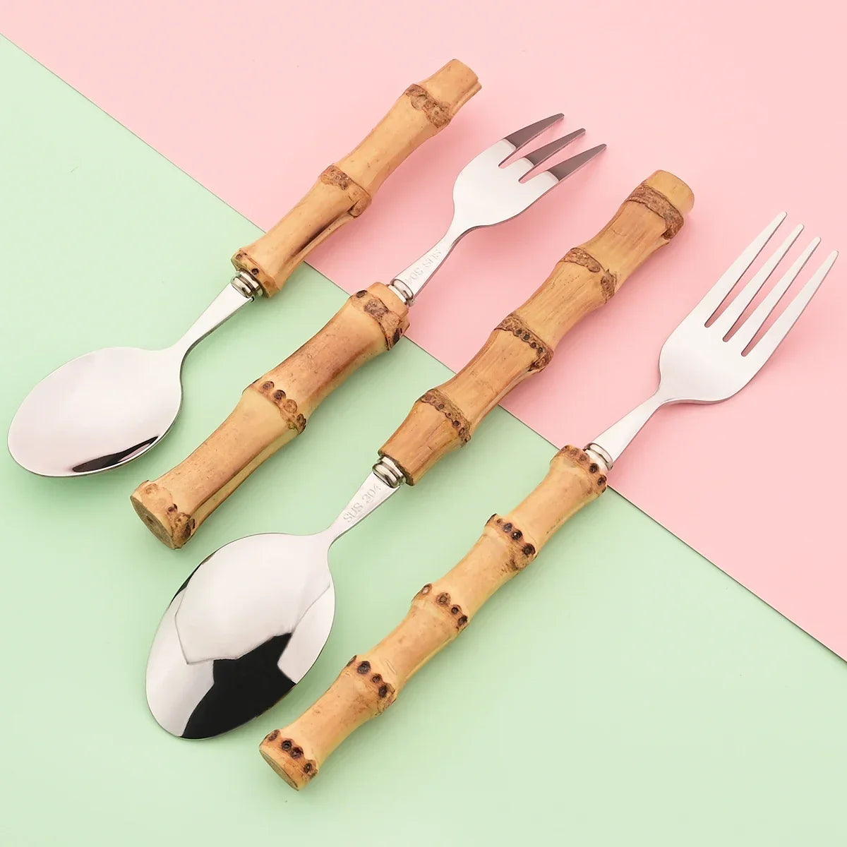 20Pcs Silver Bamboo Handle Cutlery Set 304 Stainless Steel Dinnerware Set Knife Dessert Fork Spoon Tableware Kitchen Flatware