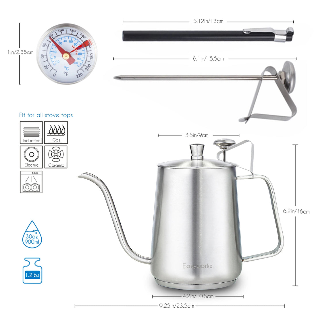 Easyworkz Gooseneck Pour Over Coffee Kettle 30 FL OZ / 900 ML Stainless Steel Hand Drip Coffee Pot with Long Narrow Spout