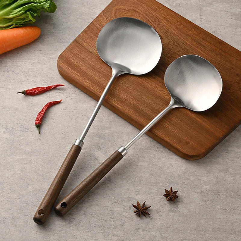 Stainless Steel Wok Spatula Chef-specific Cooking Spoon Wooden Long Handle Mushroom Shovel Kitchen Cooking Utensils