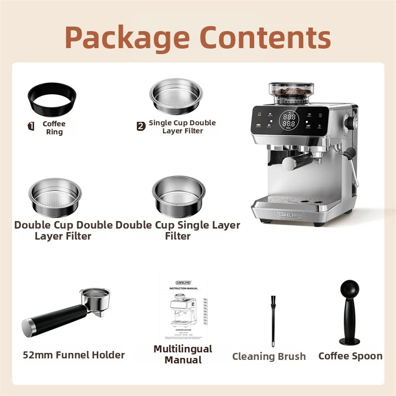 Home Espresso Machine with Grinder, 20Bar Pressure, Dual Temperature Control for Hot/Cold Brew, Compact Semi-Automatic Coffee Ma