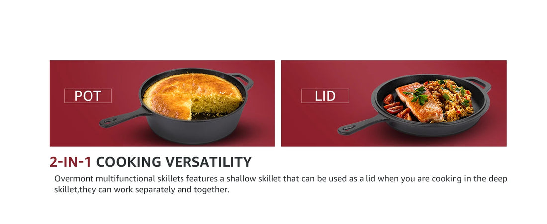 2-in-1 Pre-Seasoned Cast Iron Dutch Oven Pot 10" Deep Pot And Frying Pan For Cooking Baking Bread 3QT Skillet Cookware Set