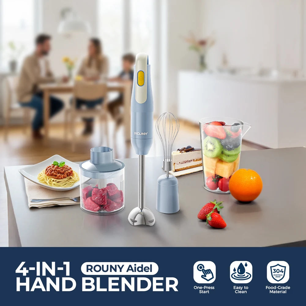 4-in-1 Handheld Stick Blender Set, Immersion Hand Blender with Stainless Steel Blades for Kitchen Food Mixing, Light Blue Novice