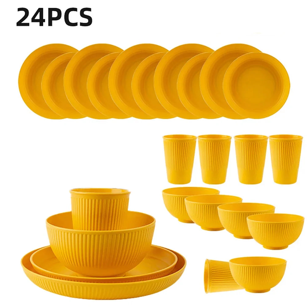 24Pcs Wheat Straw Dinnerware Set for 4: Plates, Bowls, Cups. Unbreakable Plastic for Kitchen & Outdoor Camping