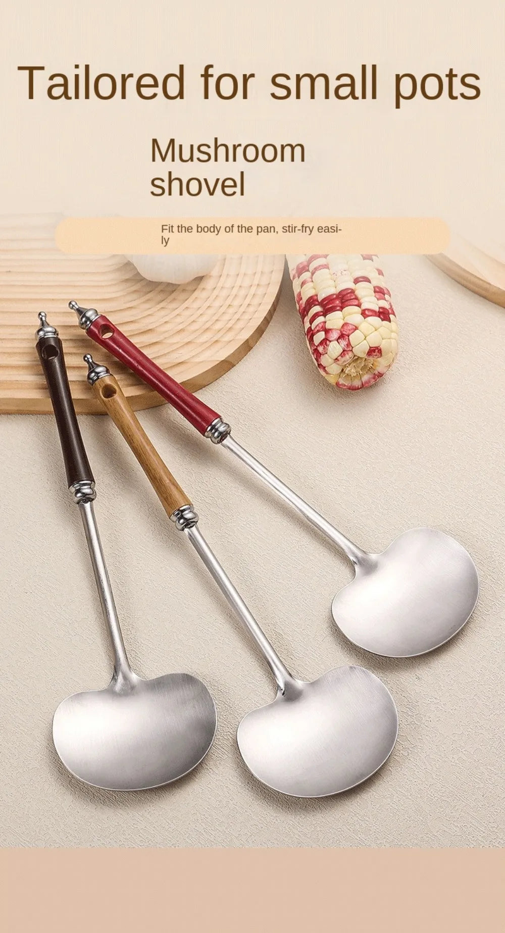 Stainless Steel Wok Spatula Long Wooden Handle Kitchen Utensils Chef-specific Mushroom Shovel Kitchen Accessories Essentials