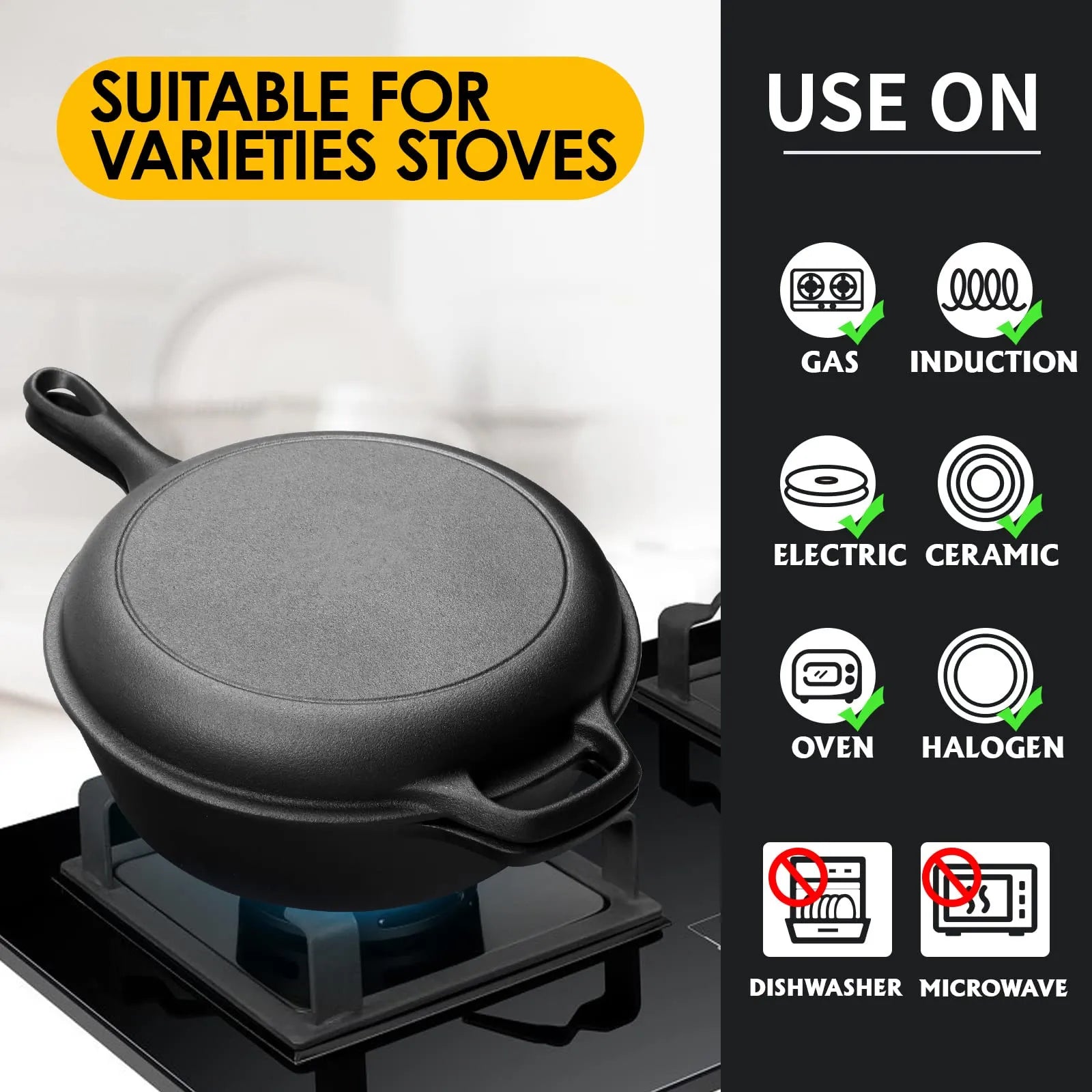 2-in-1 Pre-Seasoned Cast Iron Dutch Oven Pot 10" Deep Pot And Frying Pan For Cooking Baking Bread 3QT Skillet Cookware Set