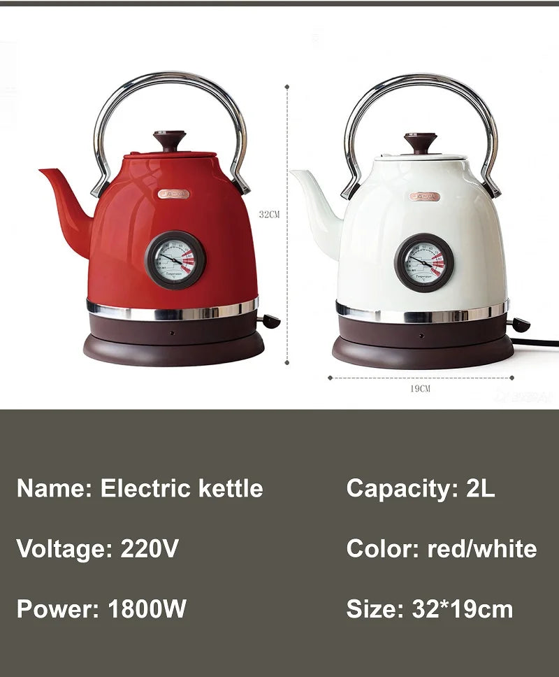 1800W Retro Electric Kettle Household 2L Keep Warm Kettle With Thermometer 304 Stainless Steel Teapot Automatic Power Off