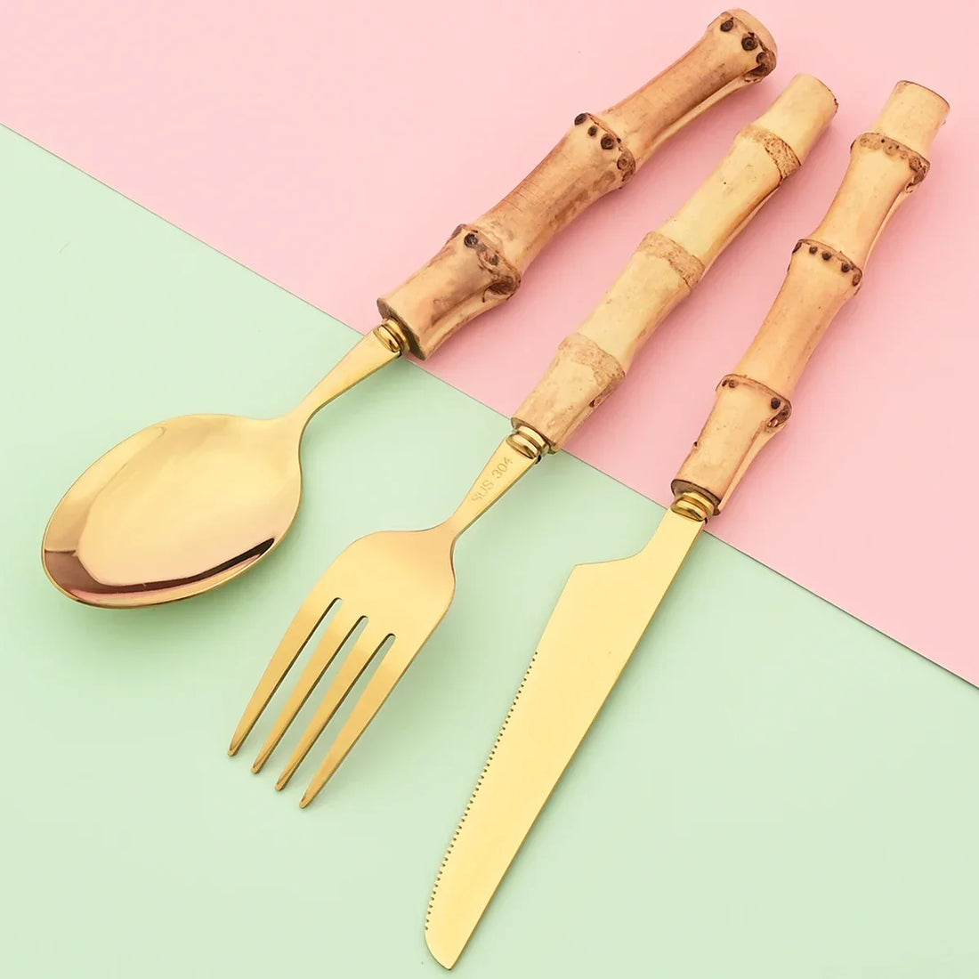 20Pcs Silver Bamboo Handle Cutlery Set 304 Stainless Steel Dinnerware Set Knife Dessert Fork Spoon Tableware Kitchen Flatware