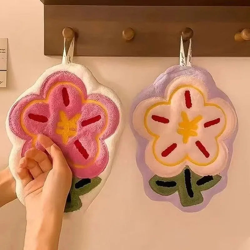 1pc New Flower Shape Hand Towel Super Absorbent Cleaning Cloth Bathroom Kitchen Hanging Hand Wipe Thicken Handkerchief Dishcloth