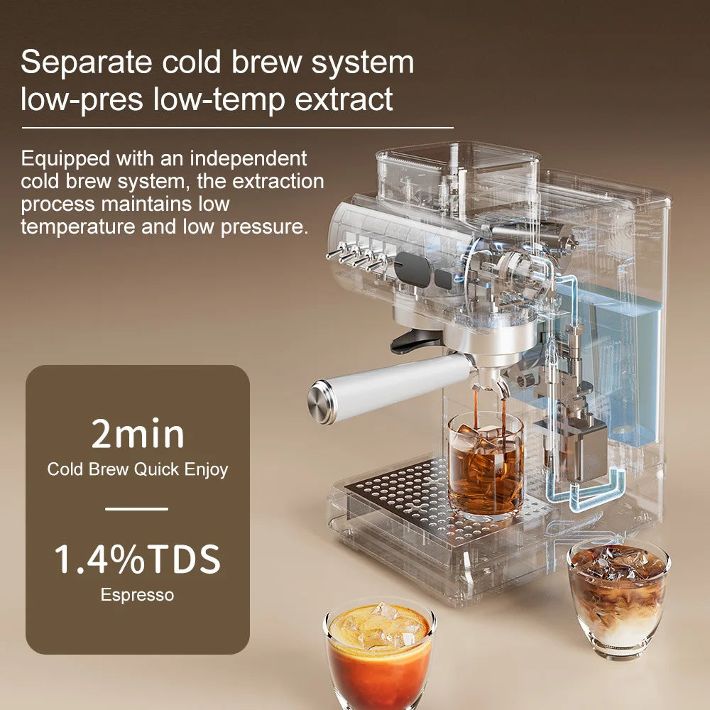 Semi-Automatic Espresso Machine with Built-in Grinder, Hot & Cold Dual Brew System with Steam Milk Frother, Compact Home Barista