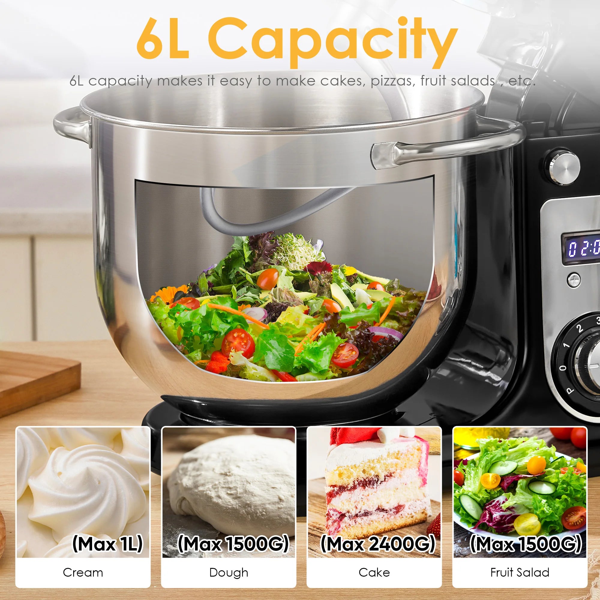 BioloMix 1200W Kitchen Stand Mixer with 6L Capacity Quiet DC Motor 6-Speed Functions for Blending Whisking And Kneading