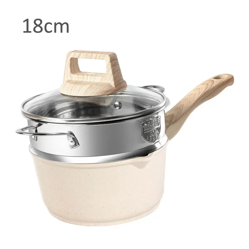 Non-Stick Frying Pan Set Maifan Stone Kitchen Soup Pot Milk Pan with Wooden Handle Pot Cookware Set Cooking Utensils for Kitchen