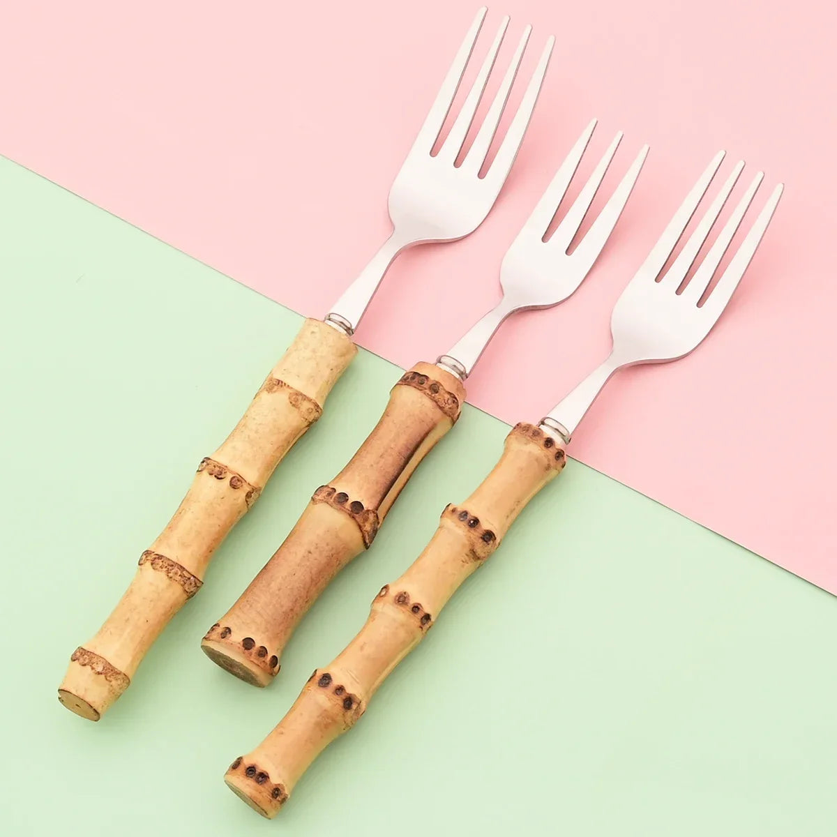 20Pcs Silver Bamboo Handle Cutlery Set 304 Stainless Steel Dinnerware Set Knife Dessert Fork Spoon Tableware Kitchen Flatware