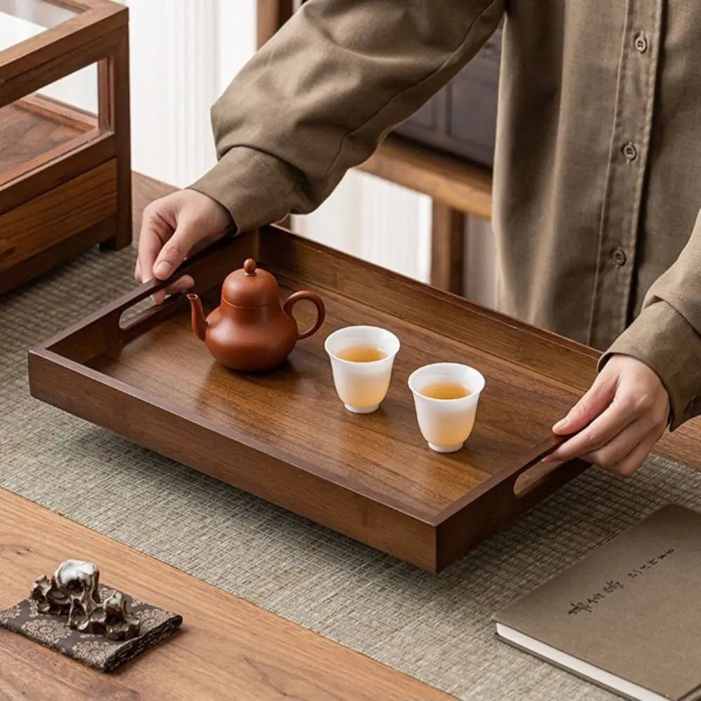 Decorate Tray Rectangular Bamboo Wooden Tray Walnut Color With Handle Serving Tray Display Plate Kitchen
