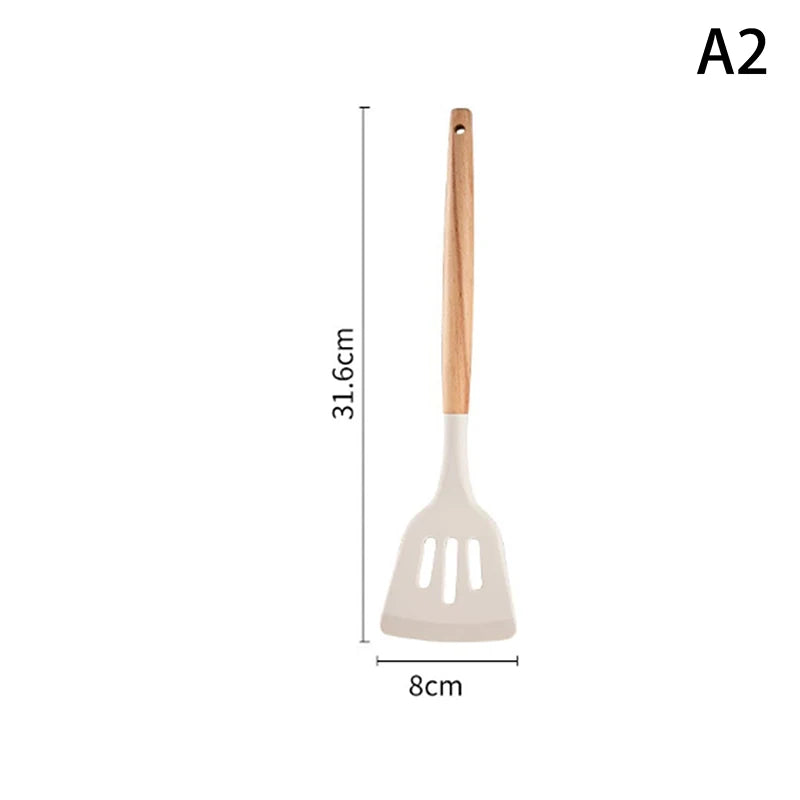 ♥Silicone Kitchen Utensil Set with Wooden Handles - Heat Resistant Spatula and Ladle for Nonstick Cookware