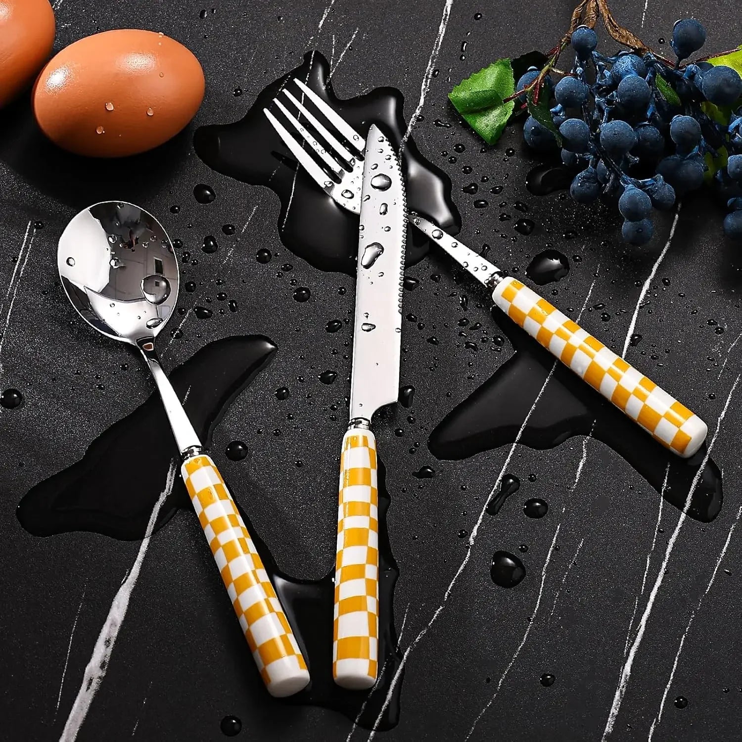 3-Piece Cutlery Set, Stainless Steel Flatware Sets with Checkerboard Pattern Ceramic Handle Utensils Including Knife Fork Spoon