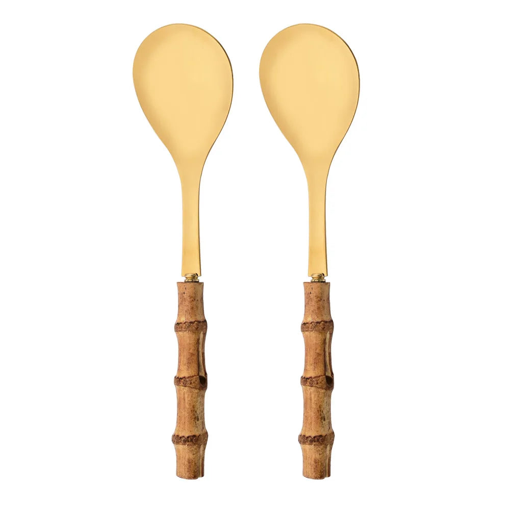 2Pcs Silver Dinnerware Cutlery 304 Stainless Steel Wood Bamboo Handle Food Serving Salad Spork Server Fork Spoon Tableware Set