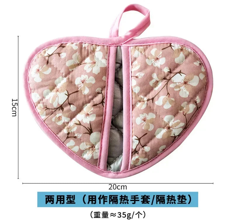 Flower Cotton Printed Baking Oven Gloves Home Kitchen Hot Resistant Heart-shaped Hand Clip Insulation Pad
