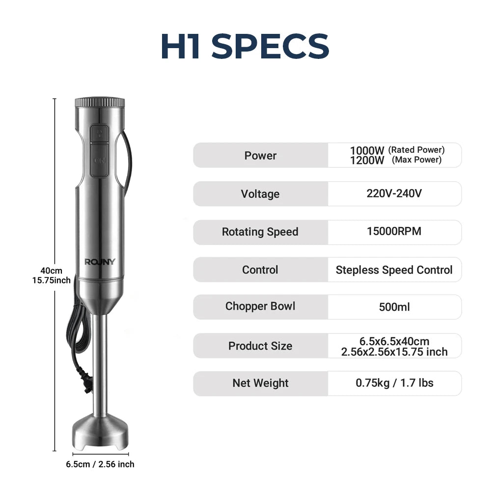 Hand Immersion Blender Powerful 4-in-1,Stainless Steel Stick Food Mixer,700ml Mixing Beaker,500ml Processor,Whisk, 1200W MAX