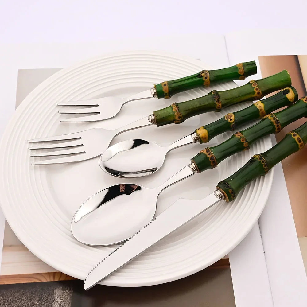 5Pcs Natural Green Bamboo Handle Cutlery Set 304 Stainless Steel Tableware Set Knife Fork Spoon Dinnerware Kitchen Flatware