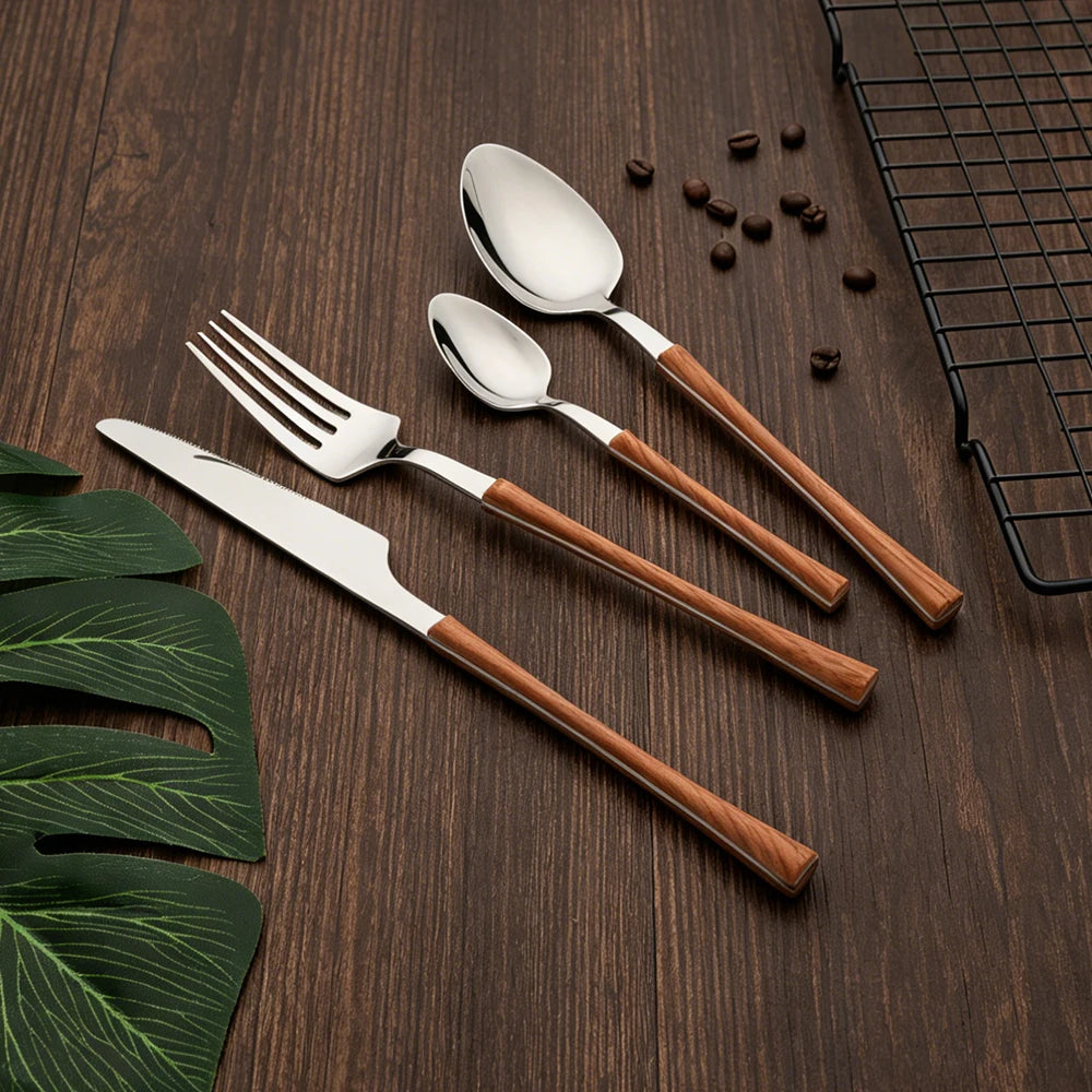 4Pcs Dinnerware Sets Stainless Steel Flatware Imitation Wooden Handle Cutlery Clamp Western Tableware Knife Fork Tea Spoon
