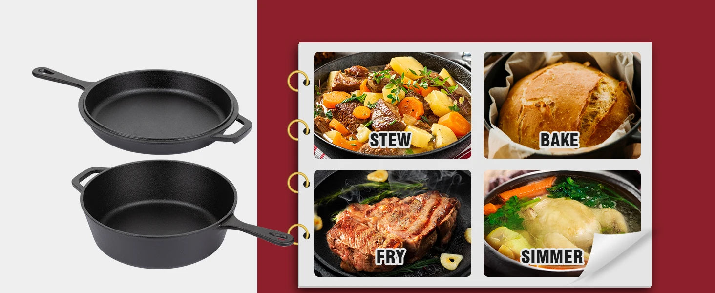 2-in-1 Pre-Seasoned Cast Iron Dutch Oven Pot 10" Deep Pot And Frying Pan For Cooking Baking Bread 3QT Skillet Cookware Set