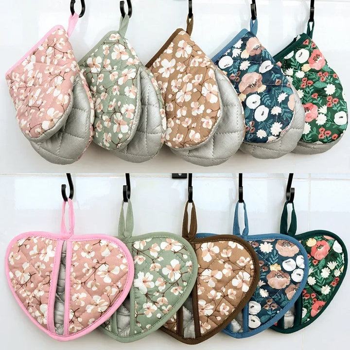 Flower Cotton Printed Baking Oven Gloves Home Kitchen Hot Resistant Heart-shaped Hand Clip Insulation Pad