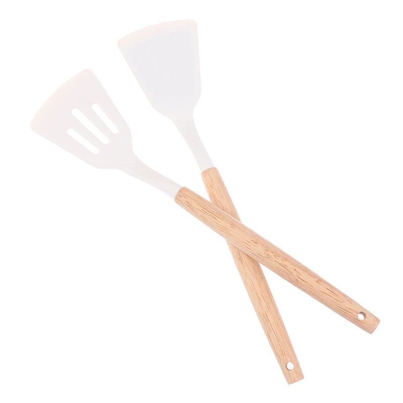 ♥Silicone Kitchen Utensil Set with Wooden Handles - Heat Resistant Spatula and Ladle for Nonstick Cookware