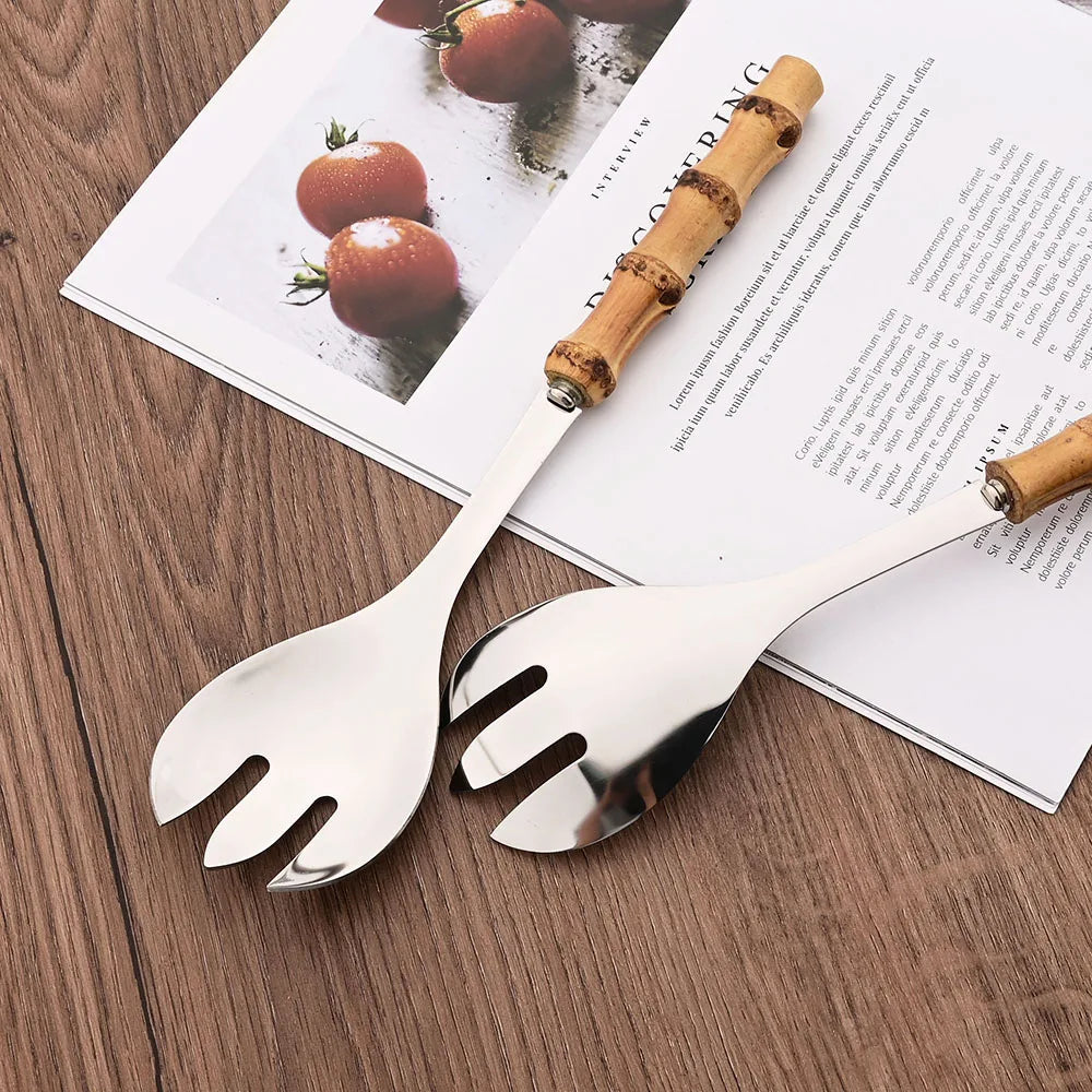 2Pcs Silver Dinnerware Cutlery 304 Stainless Steel Wood Bamboo Handle Food Serving Salad Spork Server Fork Spoon Tableware Set