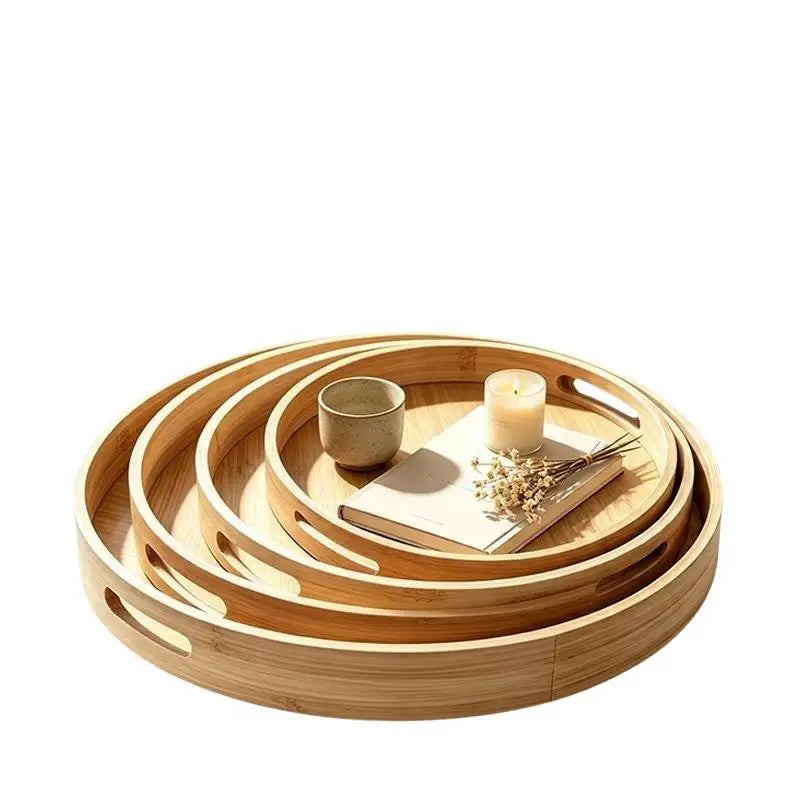 Round Bamboo Tray Wooden With Handle Tea Food Tray 25/30/35/40CM Serving Tray Breakfast Dinner