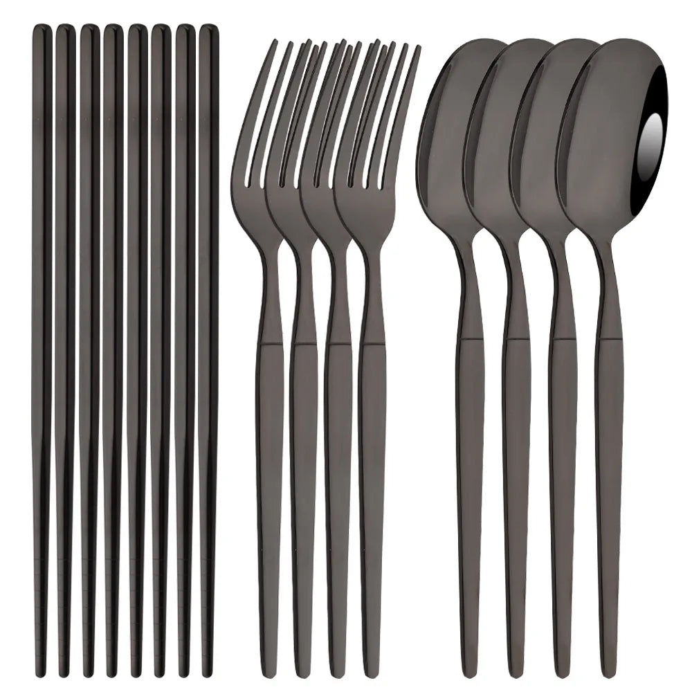 Golden Korean Tableware Set 12Pcs Luxury Mirror Flatware Cutlery Set Stainless Steel Dinnerware Fork Spoon Chopsticks Set