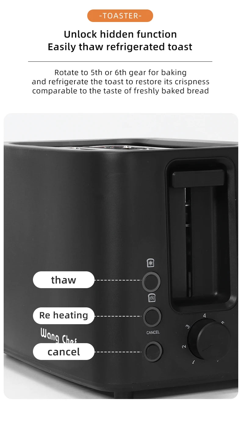 Wangchef Plastic Housing Electric Bread Maker Toaster 2 Slices Capacity English Operating Language Automatic Pop-Up Function