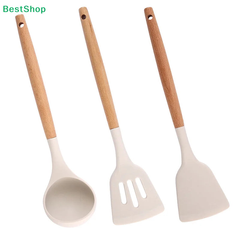 ♥Silicone Kitchen Utensil Set with Wooden Handles - Heat Resistant Spatula and Ladle for Nonstick Cookware