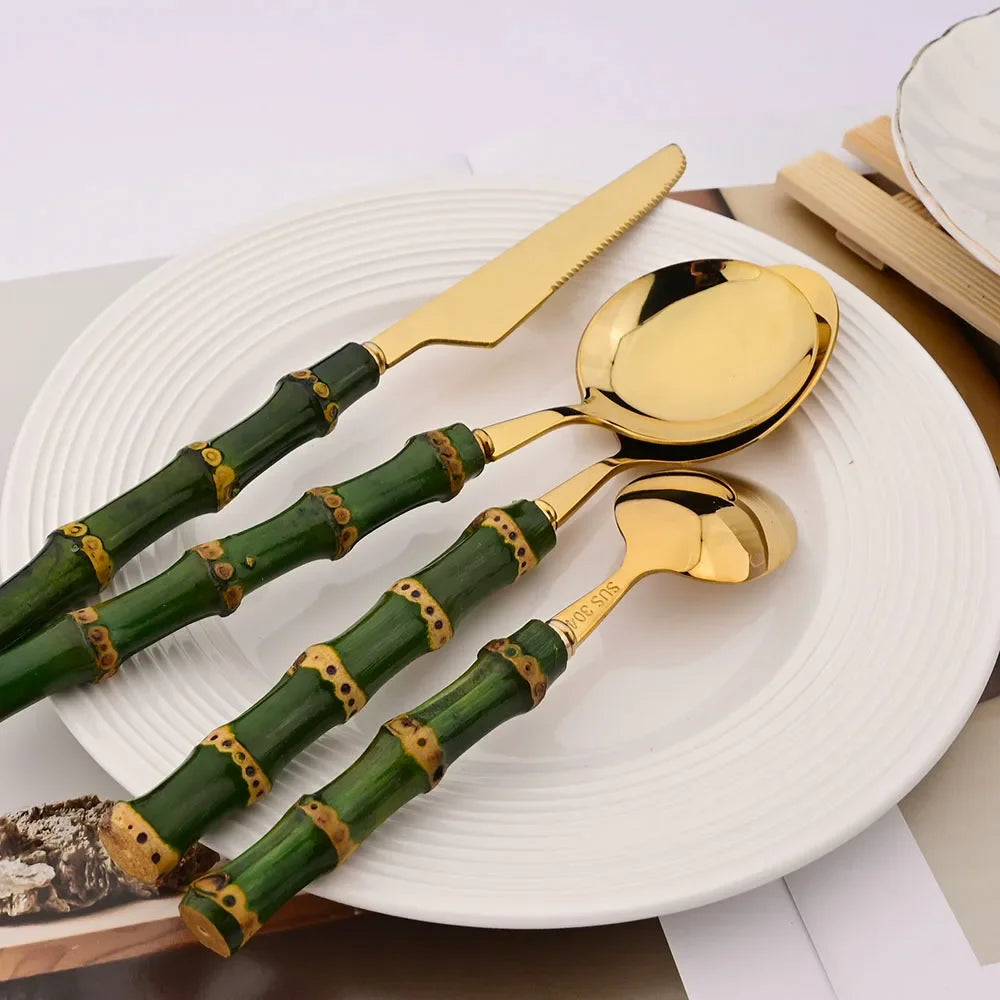 5Pcs Natural Green Bamboo Handle Cutlery Set 304 Stainless Steel Tableware Set Knife Fork Spoon Dinnerware Kitchen Flatware