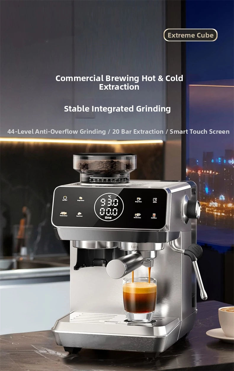 Home Espresso Machine with Grinder, 20Bar Pressure, Dual Temperature Control for Hot/Cold Brew, Compact Semi-Automatic Coffee Ma