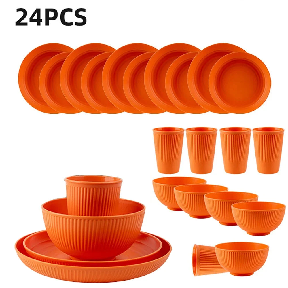 24Pcs Wheat Straw Dinnerware Set for 4: Plates, Bowls, Cups. Unbreakable Plastic for Kitchen & Outdoor Camping