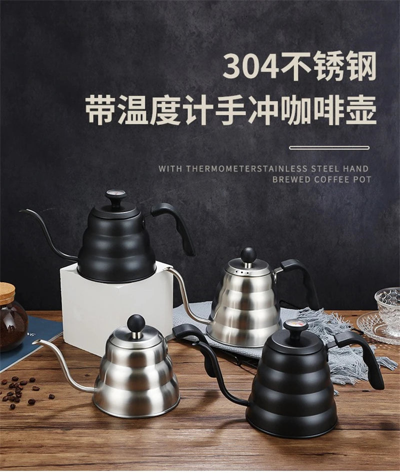 Black Goose Beak Kettle 1.0L Stainless Steel Coffee Pot with Gooseneck Thin Mouth Thermometer for Espresso Coffee Making