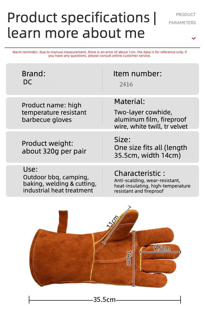 14 Inch Welding Gloves For Welder Work Gloves Thick Cow Split Leather Heat Resistant Oven BBQ Gloves For Grill Heat Insulation.