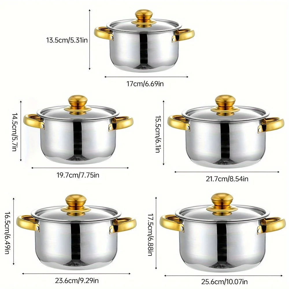 5Piece Golden Stainless Steel Cookware Set Multi-Purpose Compatible  Stoves, Non-Stick, Scratch-Resistant, and Dishwasher Safe