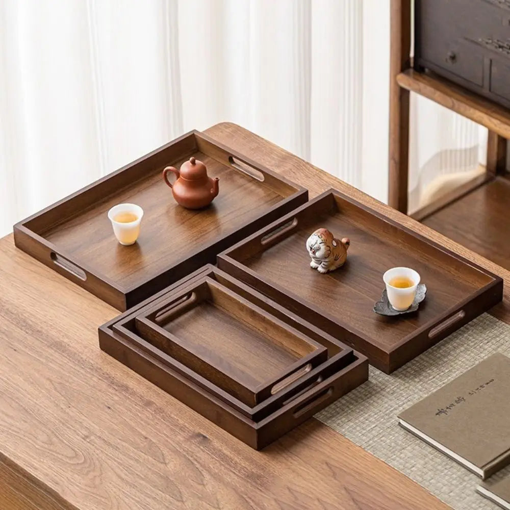 Decorate Tray Rectangular Bamboo Wooden Tray Walnut Color With Handle Serving Tray Display Plate Kitchen