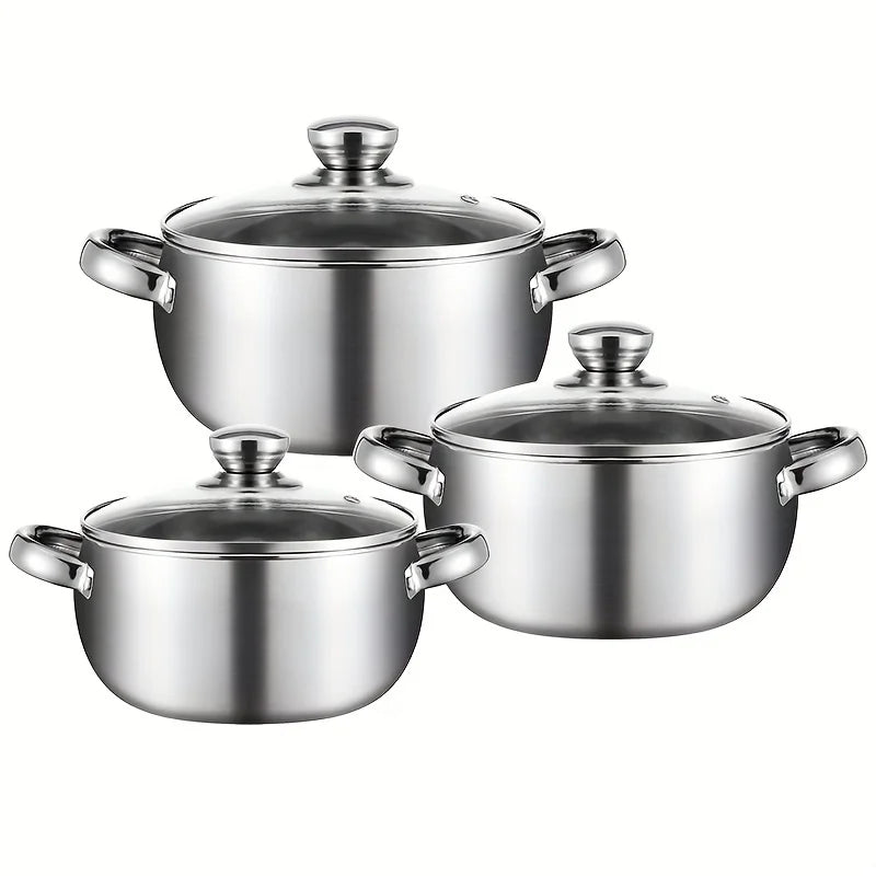 3pcs Stainless Steel Cookware Set with Lids - Induction Compatible, Thick Walls for Even Heating, Dual Handles & Covers ，