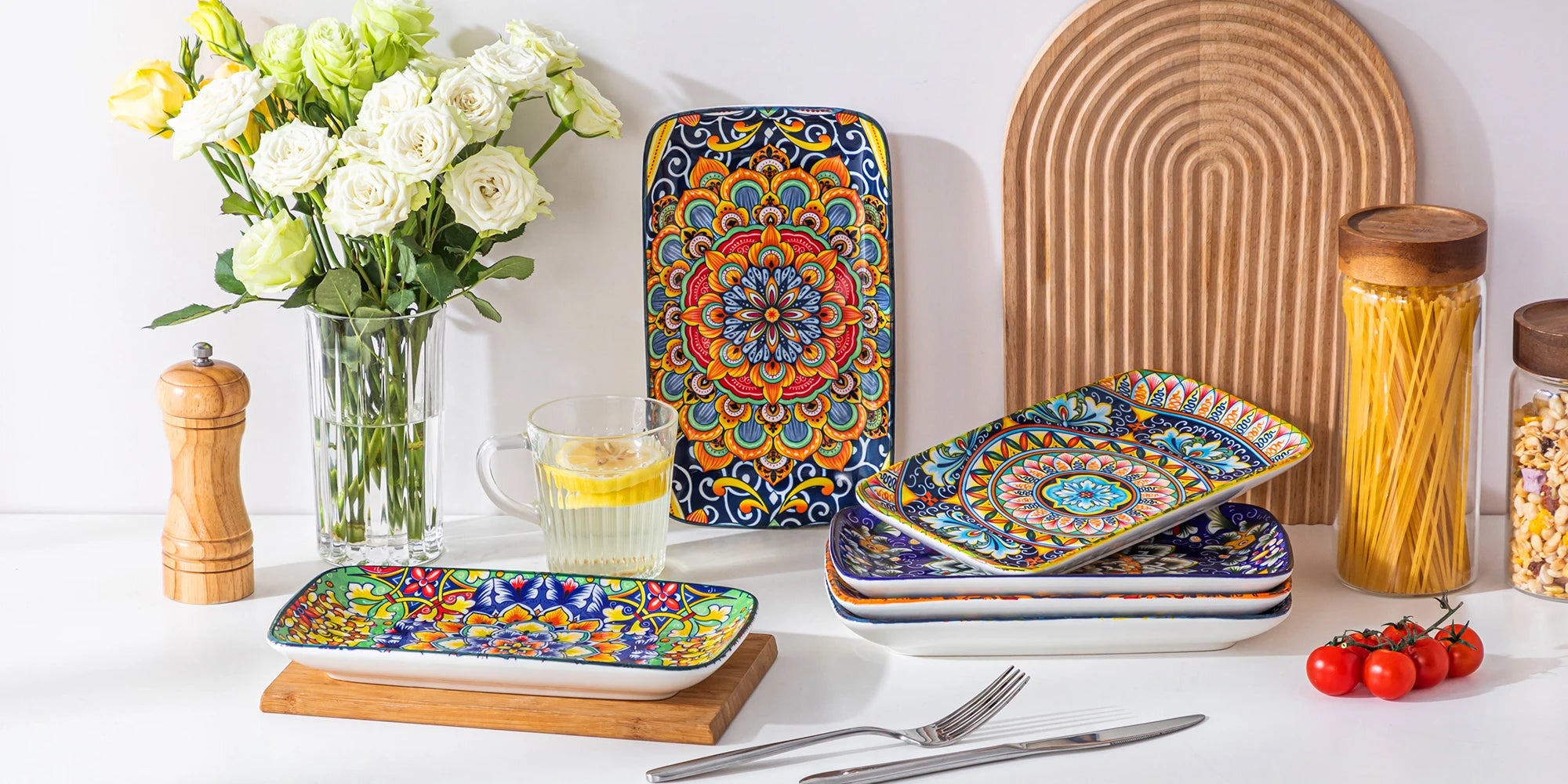 vancasso 6/12 Piece Porcelain Rectangular Serving Plates Bohemian 8.5 Inch Dinner Plates Set for Beef/Food/Noodles/Pasta Serves