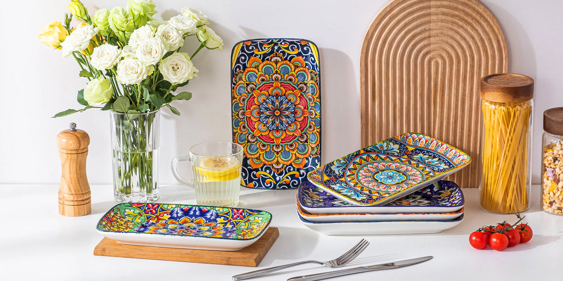 vancasso 6/12 Piece Porcelain Rectangular Serving Plates Bohemian 8.5 Inch Dinner Plates Set for Beef/Food/Noodles/Pasta Serves