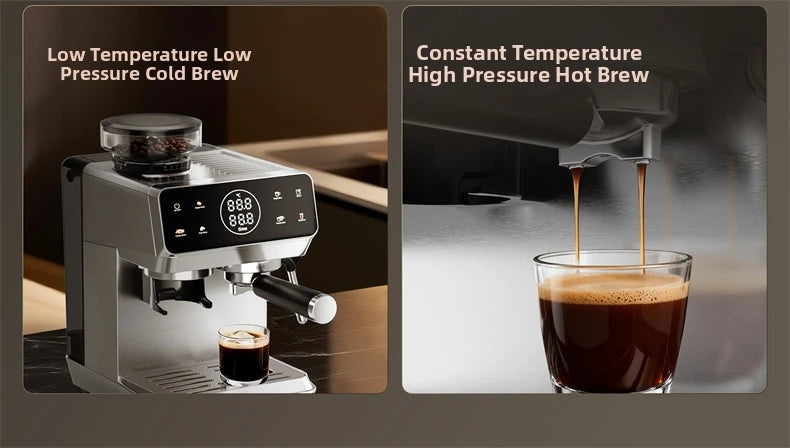 Home Espresso Machine with Grinder, 20Bar Pressure, Dual Temperature Control for Hot/Cold Brew, Compact Semi-Automatic Coffee Ma