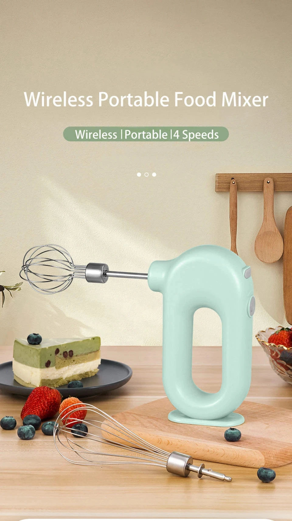 Portable Mixers with 2 Mixing Head USB Electric Blender Wireless Food Mixer Handheld Rechargeable Whisks Dough Stirrer Eggbeater