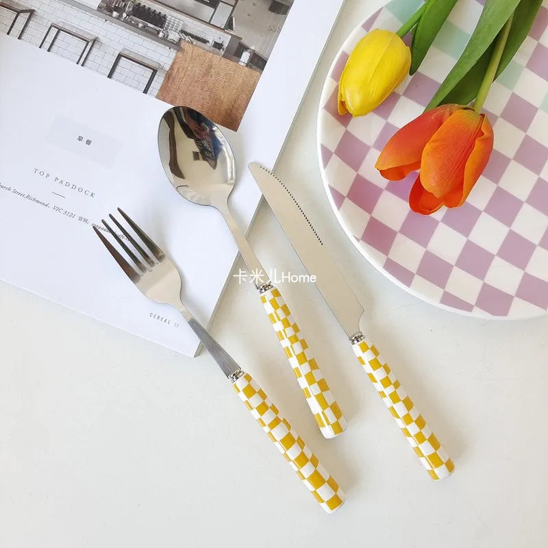 3-Piece Cutlery Set, Stainless Steel Flatware Sets with Checkerboard Pattern Ceramic Handle Utensils Including Knife Fork Spoon