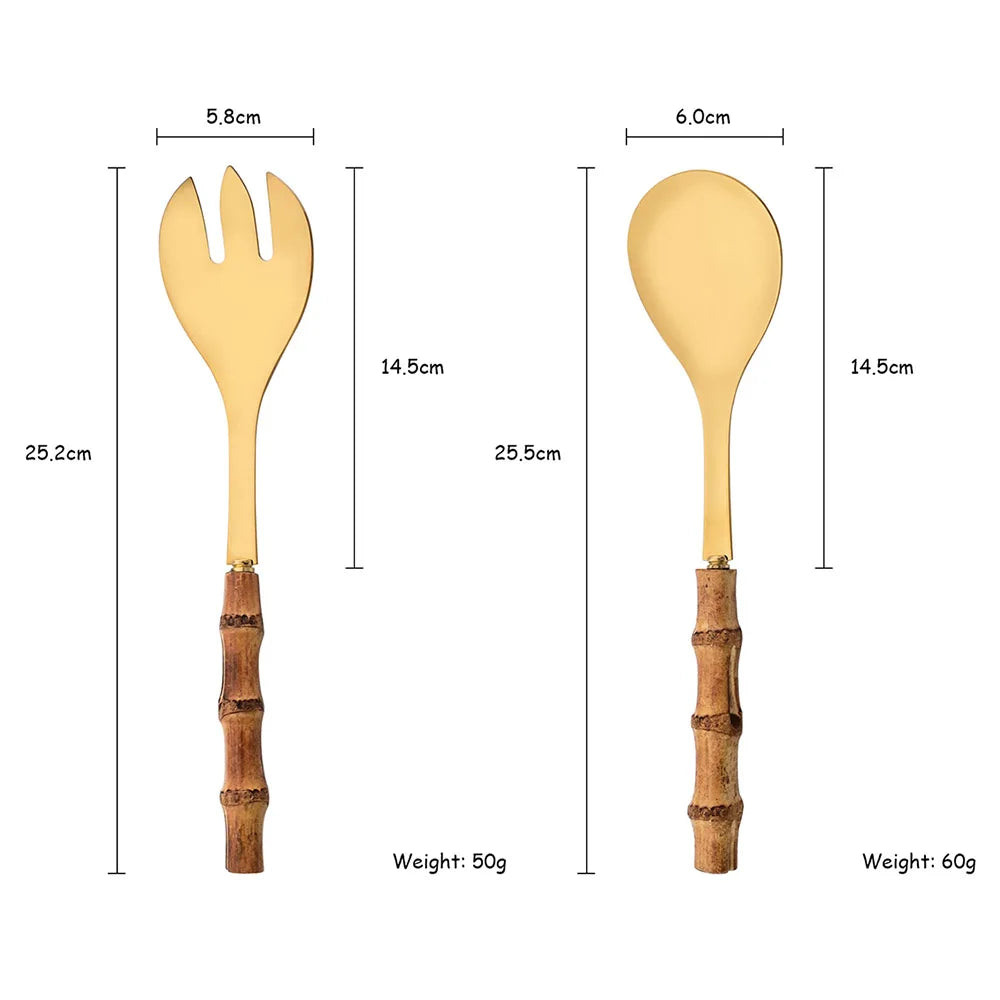 2Pcs Silver Dinnerware Cutlery 304 Stainless Steel Wood Bamboo Handle Food Serving Salad Spork Server Fork Spoon Tableware Set