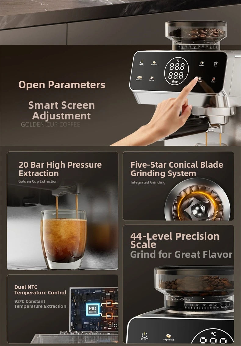 Home Espresso Machine with Grinder, 20Bar Pressure, Dual Temperature Control for Hot/Cold Brew, Compact Semi-Automatic Coffee Ma