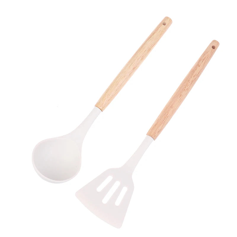 ♥Silicone Kitchen Utensil Set with Wooden Handles - Heat Resistant Spatula and Ladle for Nonstick Cookware