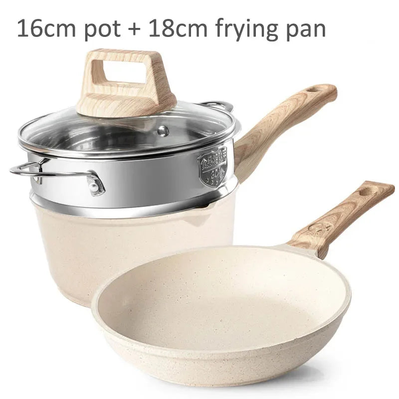 Non-Stick Frying Pan Set Maifan Stone Kitchen Soup Pot Milk Pan with Wooden Handle Pot Cookware Set Cooking Utensils for Kitchen
