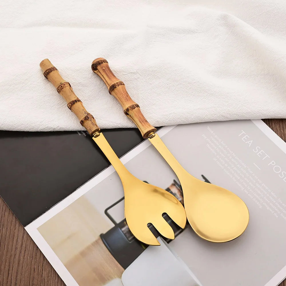 2Pcs Silver Dinnerware Cutlery 304 Stainless Steel Wood Bamboo Handle Food Serving Salad Spork Server Fork Spoon Tableware Set